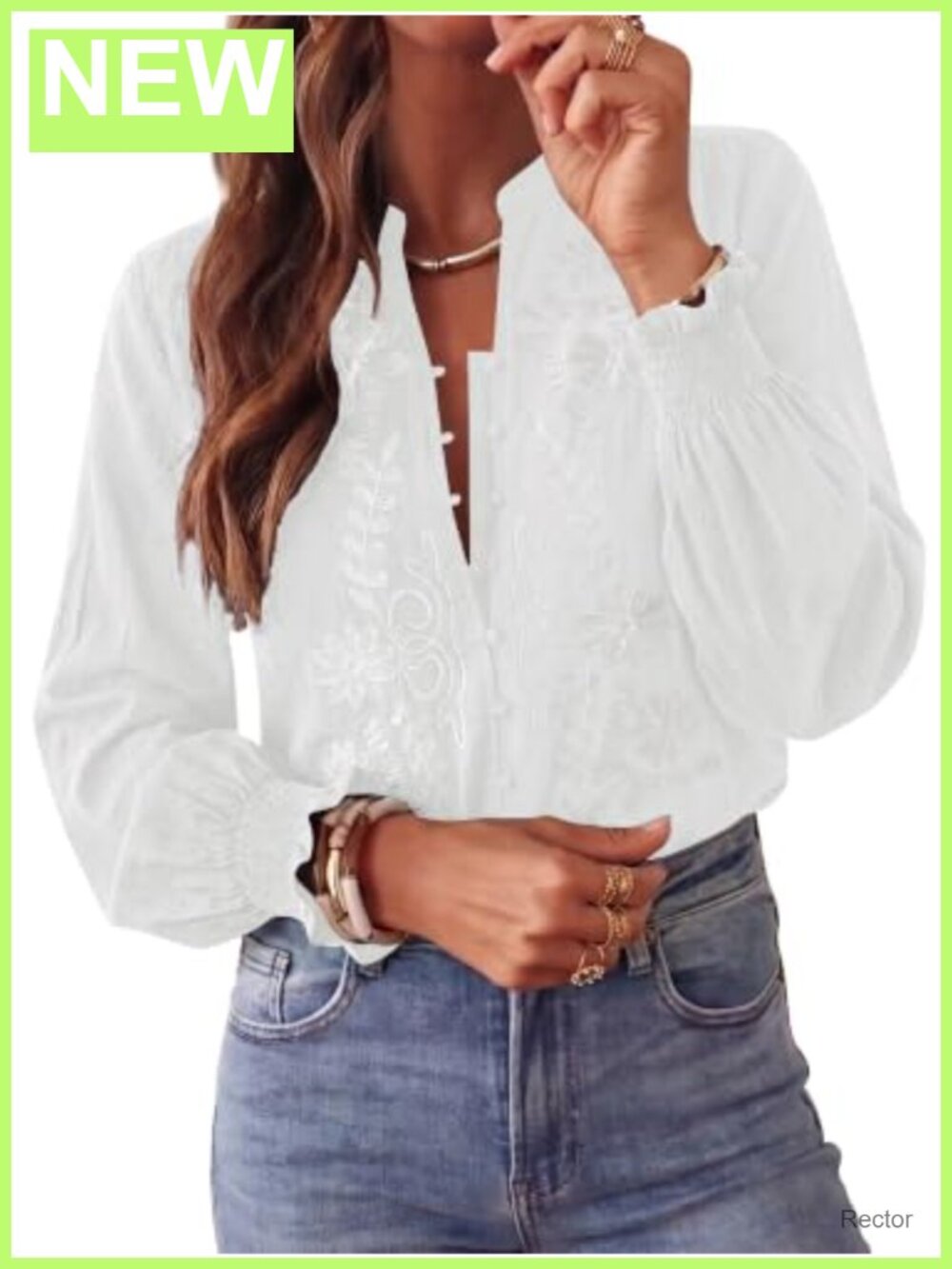Women's Cotton Embroidered Boho Button Down Blouse Puff Sleeve V-Neck Top